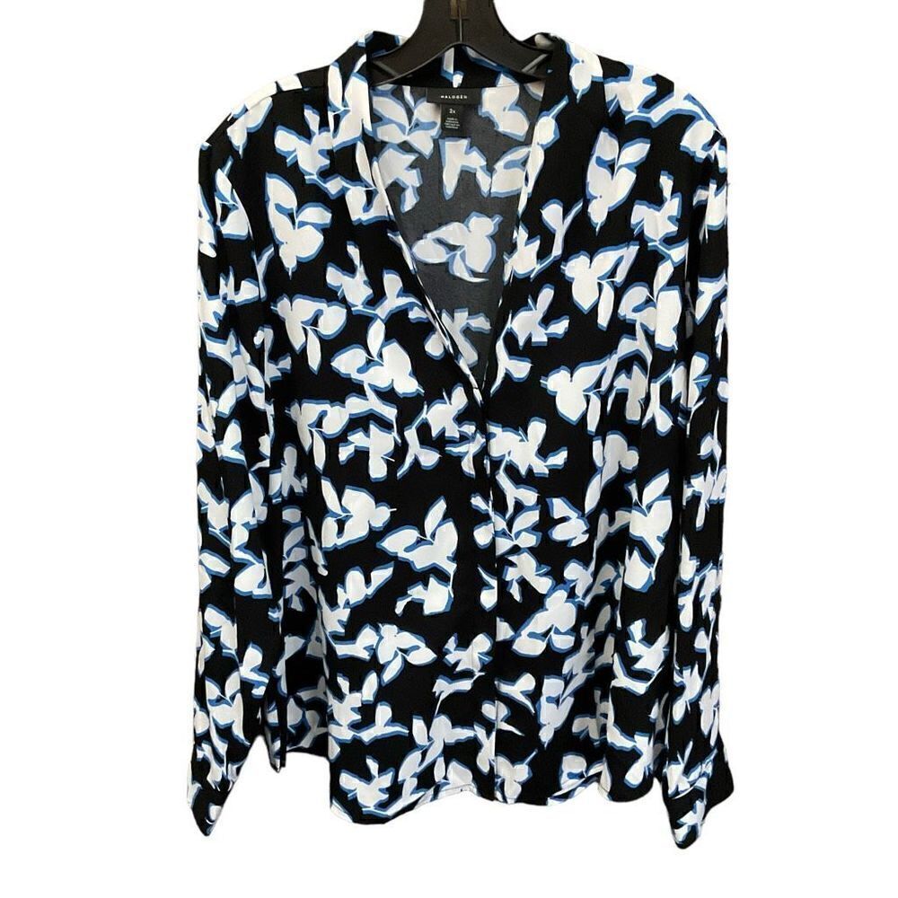Halogen Button Down Blouse V-neck Black White Blue Floral Button Cuffs Women 2X